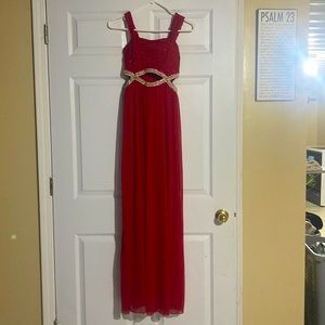 Long red dress.